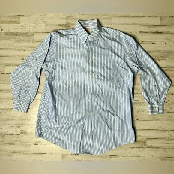 Brooks Brothers Blue Vertical Striped Shirt Mens 16.5 32 Button Up Long Sleeve - Picture 1 of 13